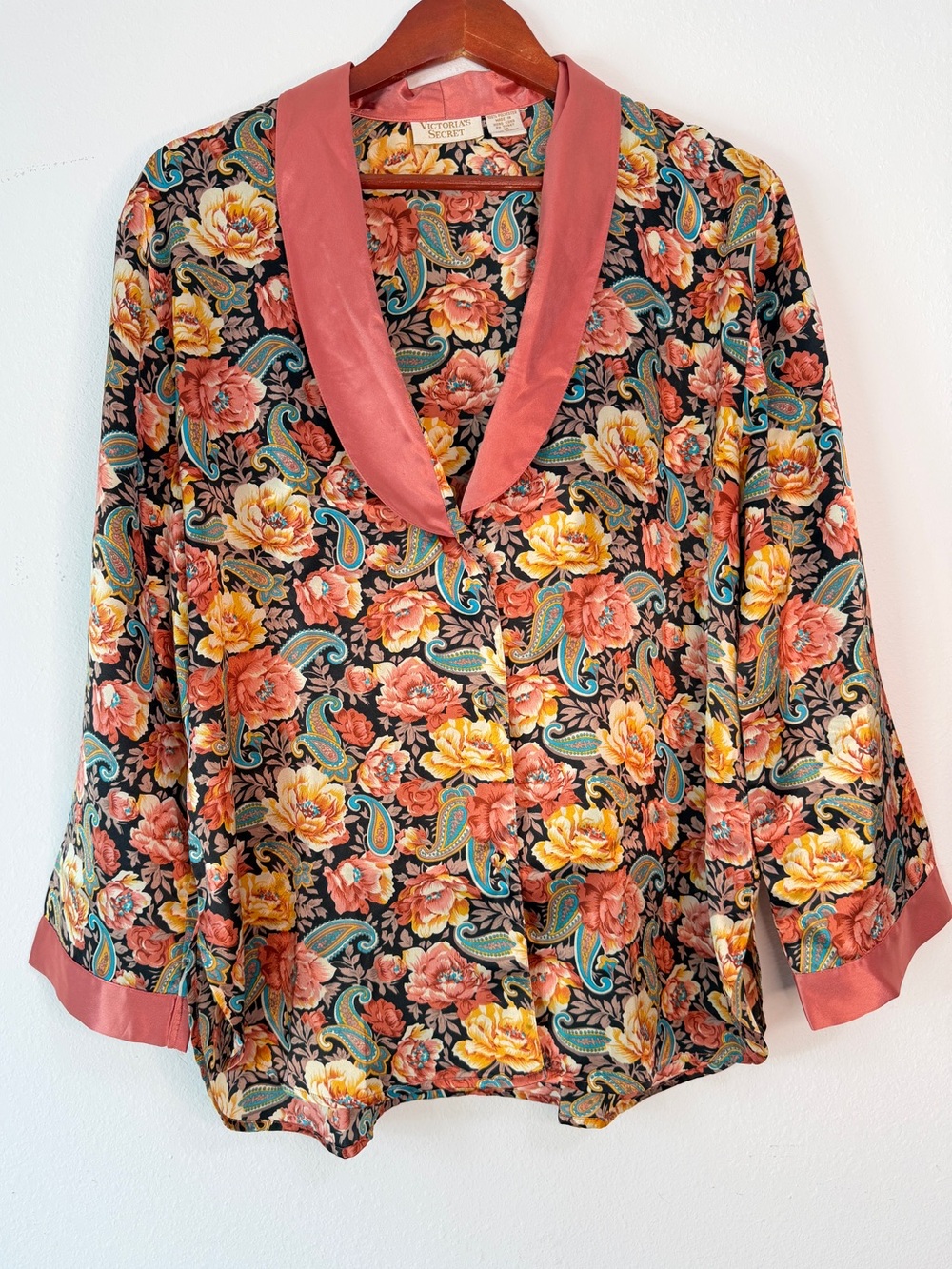 Vintage Victoria's Secret Gold Label Satin Floral Top Button Front‎ Womens M